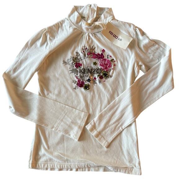 Kenzo Kids Embroidered Floral Long Sleeve Mock Neck Top Cream Size 12 Luxury - Picture 1 of 6